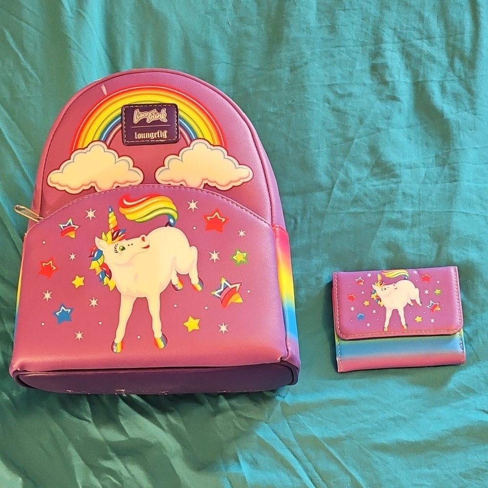 NWT Loungefly Lisa Frank Rainbow Unicorn Backpack and Wallet Set Purple